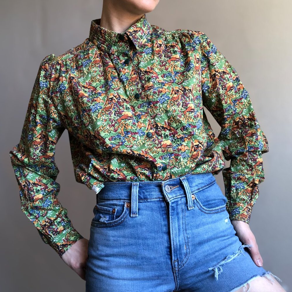 70s green floral button up shirt